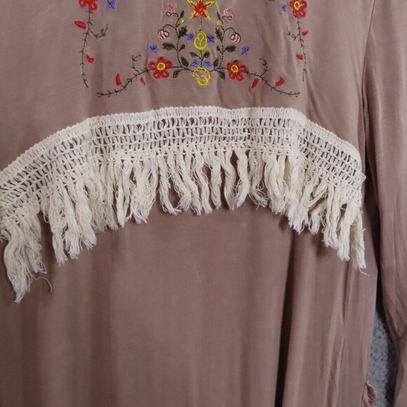 POL RARE Boho Embroidered Tan Fringe Trimmed Knit Open Cardigan Duster Cover Up - Picture 7 of 15